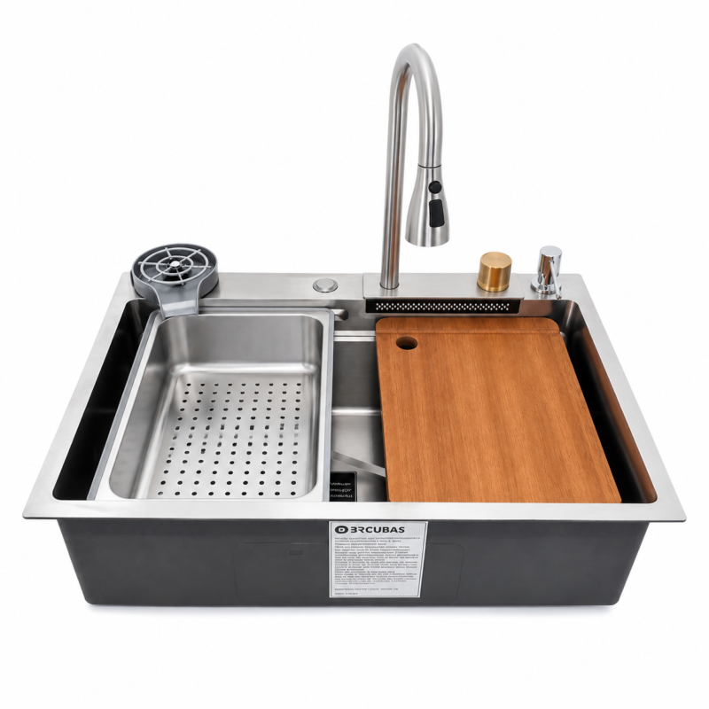 Cuba de Aço Cascata BR Cubas 68 × 46 × 23 cm – Escovada com Acessórios
